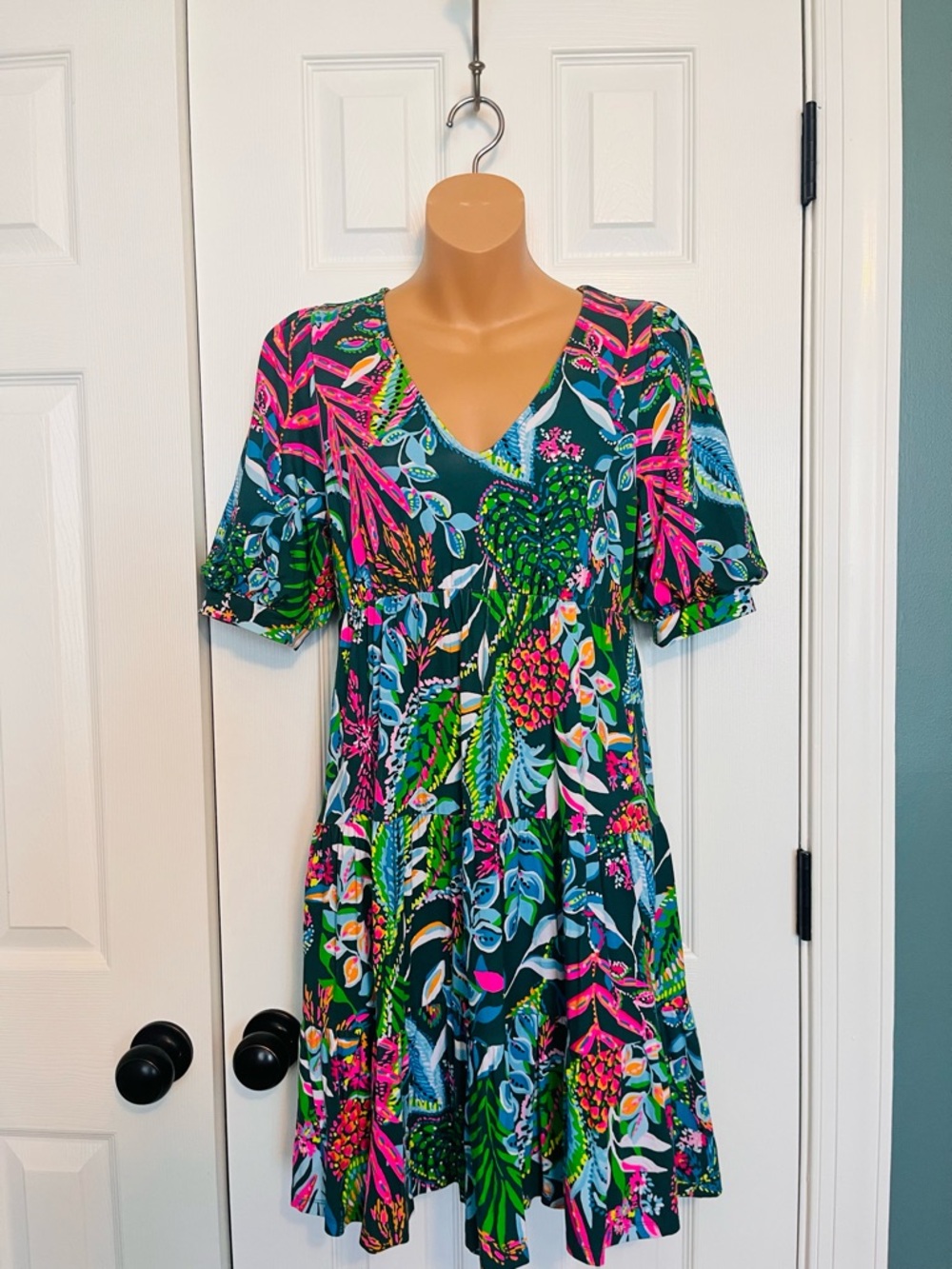 Vibrant Green Tropical Print V-Neck Women's Dress by Lilly Pulitzer
